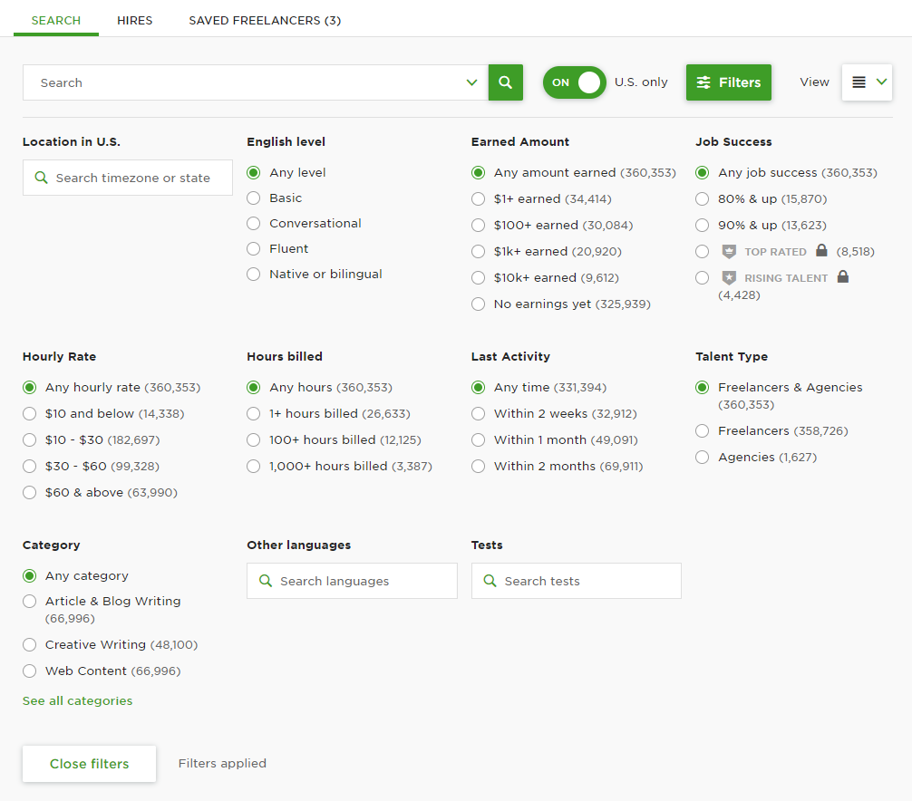 Upwork advanced freelancer filter